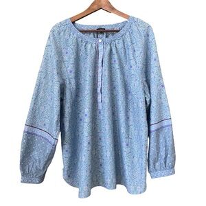 Talbots Cotton Blouse 2X Blue Geometric Popover Long Sleeve Button Plus Size